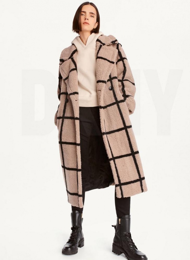 Brown Women's DKNY Windowpane Sherpa Coats | Australia-D1215