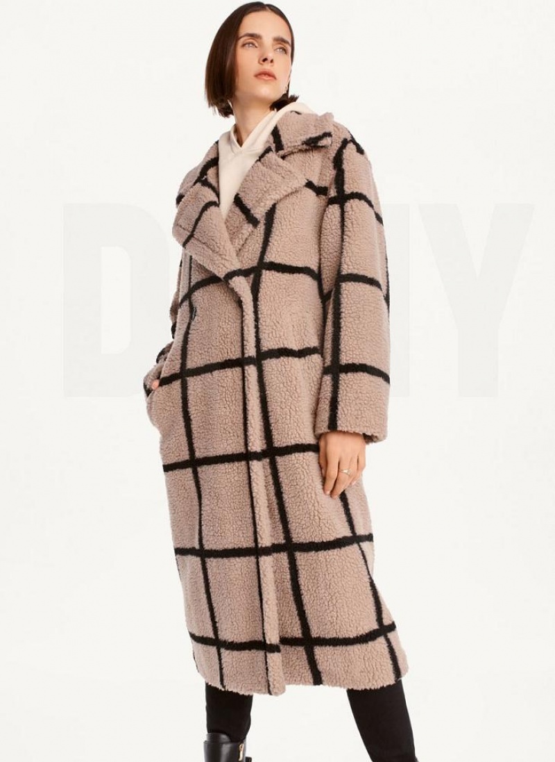 Brown Women\'s DKNY Windowpane Sherpa Jackets | Australia-D0885