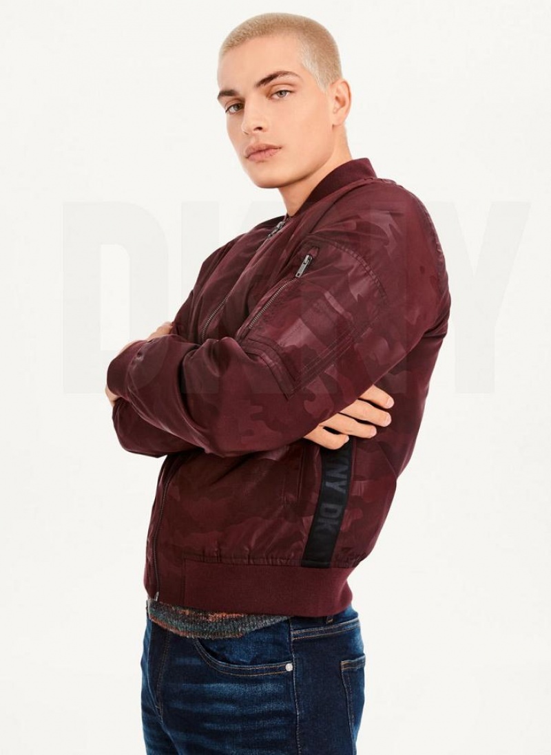 Burgundy Men's DKNY Camo Bomber Jackets | Australia-D1681
