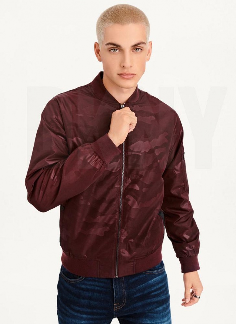 Burgundy Men\'s DKNY Camo Bomber Jackets | Australia-D1681