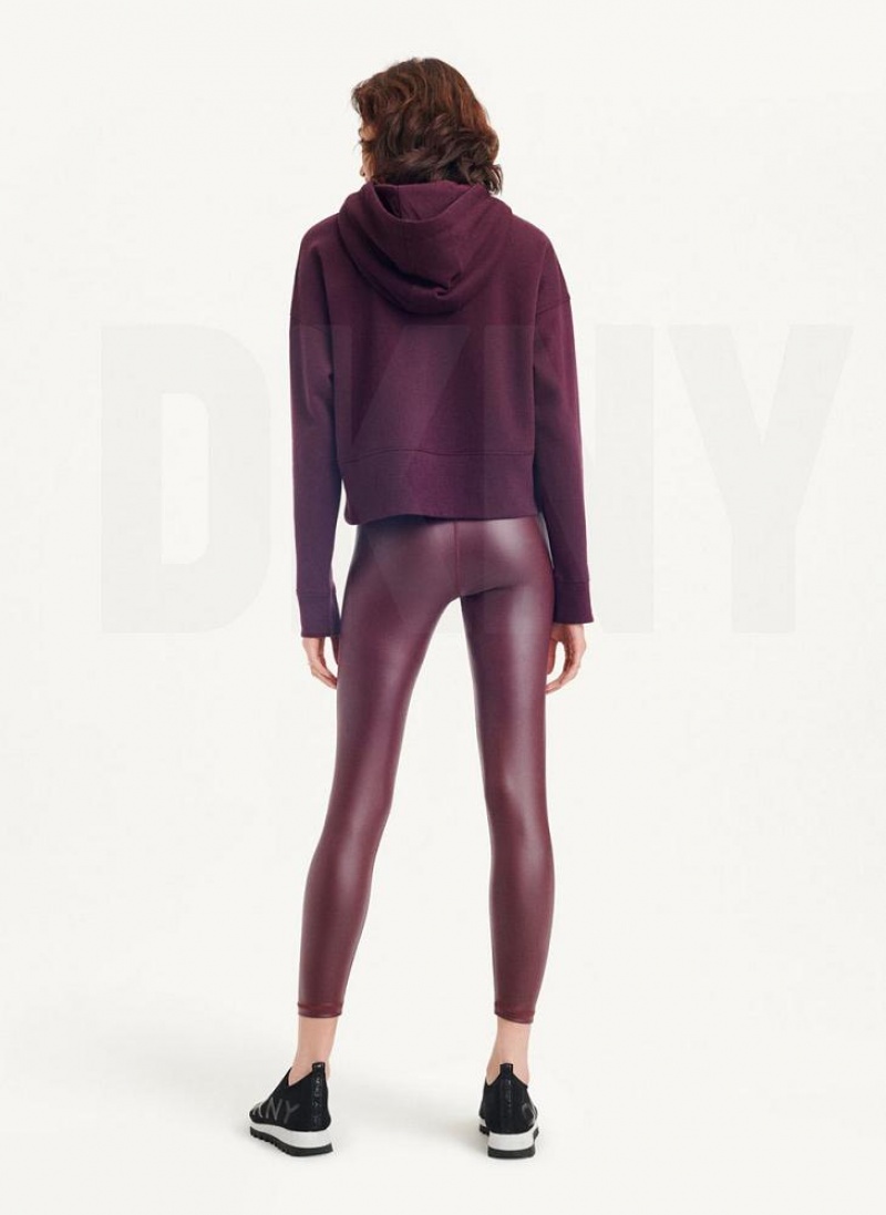 Burgundy Women's DKNY Mixed Distressed Metallic Logo Cropped Hoodies | Australia-D1377