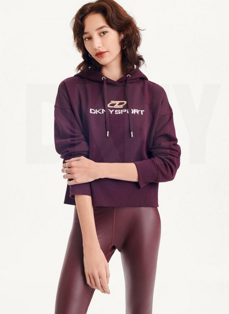 Burgundy Women's DKNY Mixed Distressed Metallic Logo Cropped Hoodies | Australia-D1377