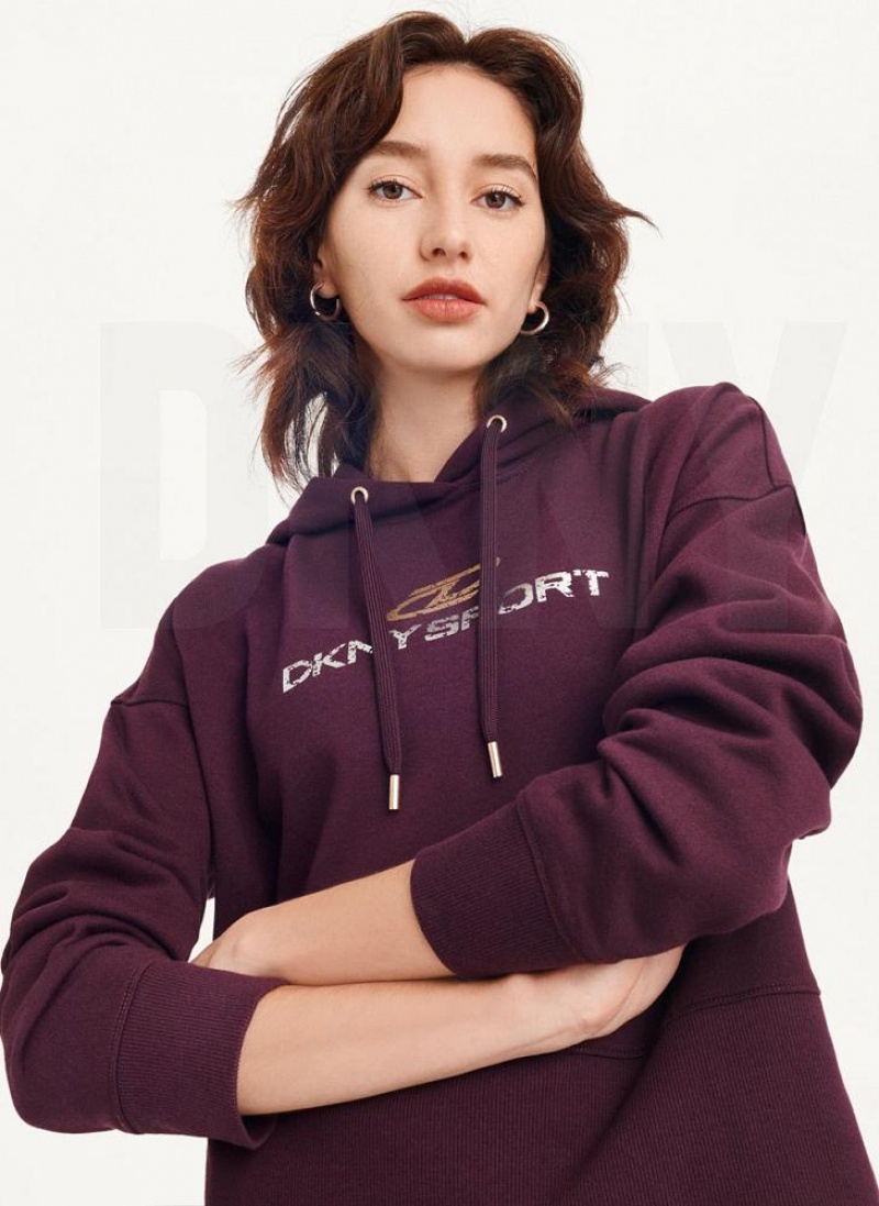 Burgundy Women's DKNY Mixed Distressed Metallic Logo Cropped Hoodies | Australia-D1377