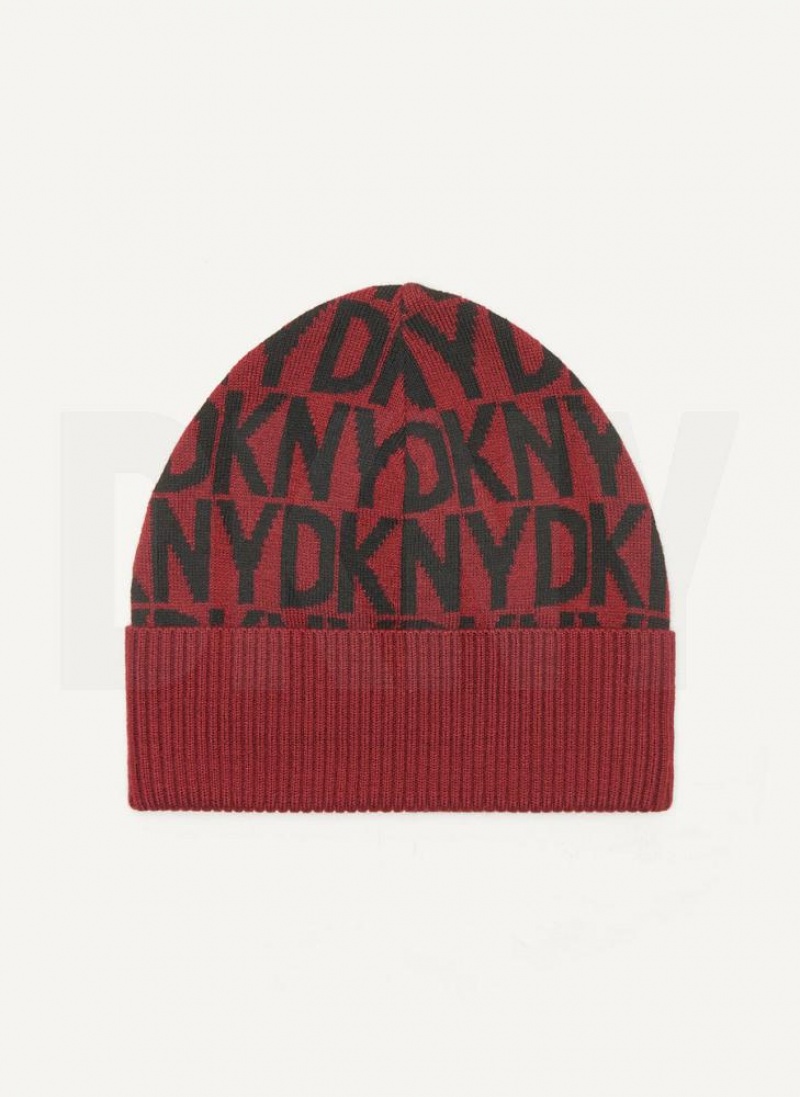 Dark Red Men's DKNY Allover Logo With Fold Back Brim Beanie | Australia-D1440