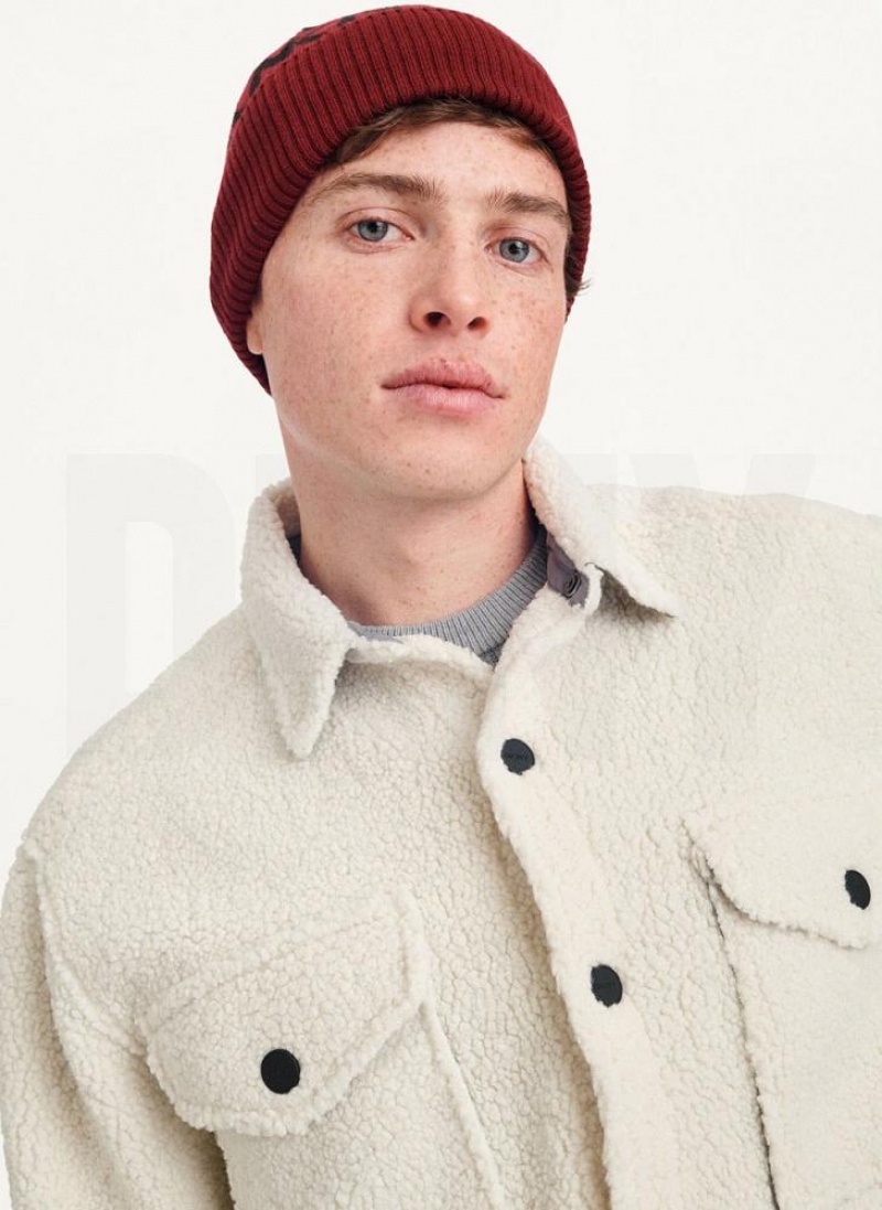 Dark Red Men's DKNY Allover Logo With Fold Back Brim Beanie | Australia-D1440