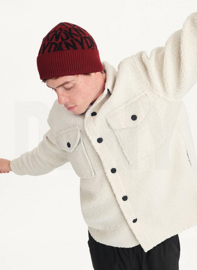 Dark Red Men\'s DKNY Allover Logo With Fold Back Brim Beanie | Australia-D1440