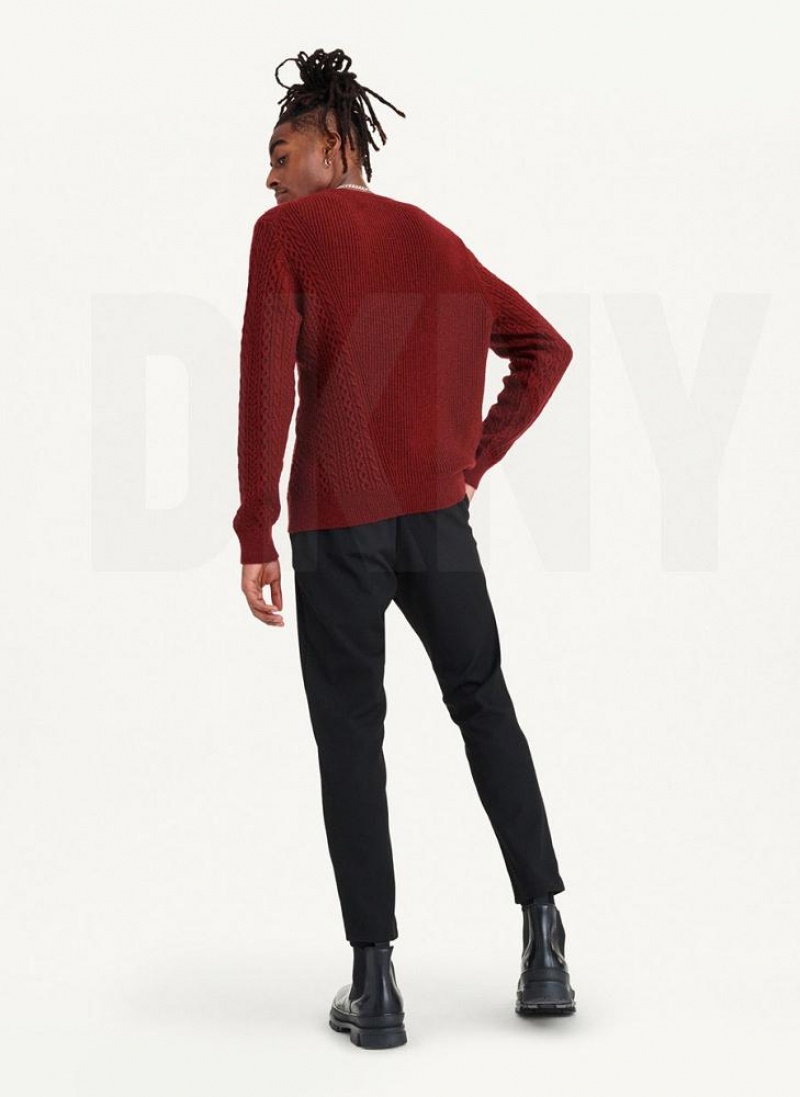 Dark Red Men's DKNY Diagonal Cable Crew Sweaters | Australia-D0905