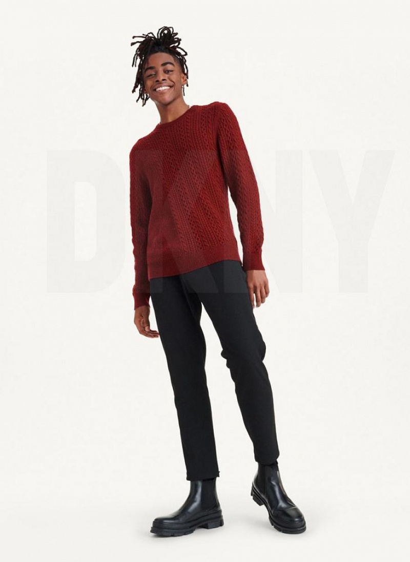 Dark Red Men's DKNY Diagonal Cable Crew Sweaters | Australia-D0905