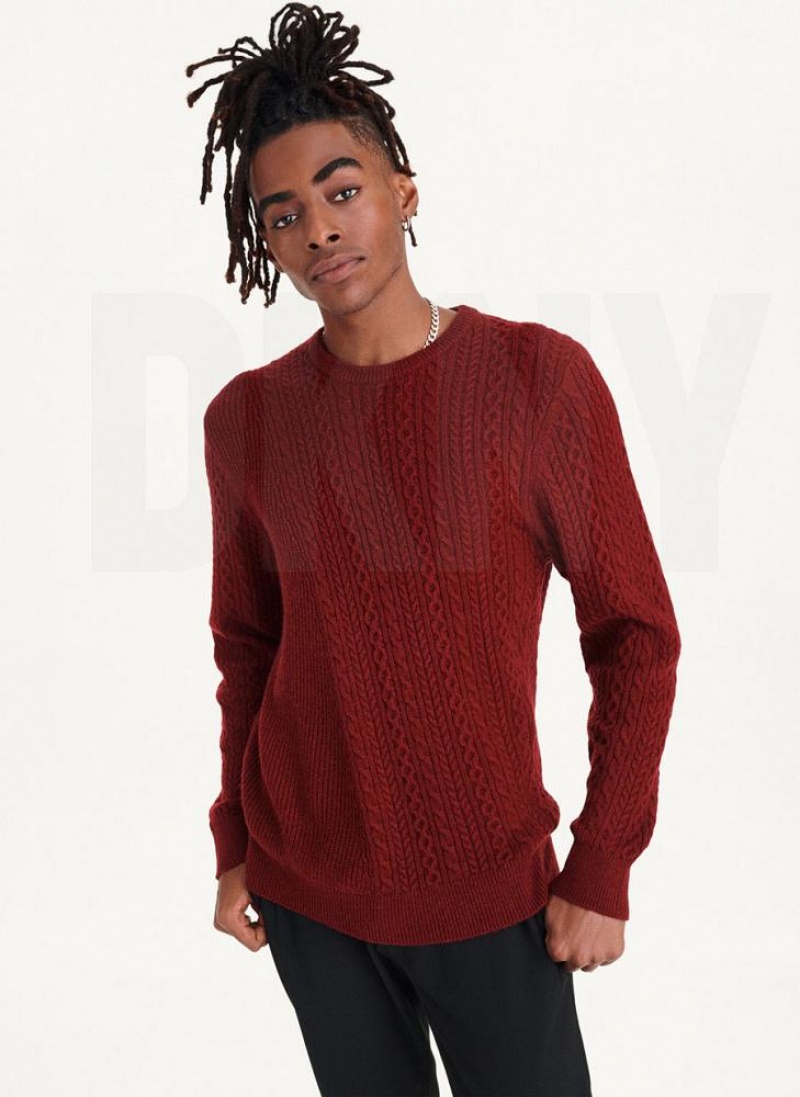 Dark Red Men's DKNY Diagonal Cable Crew Sweaters | Australia-D0905