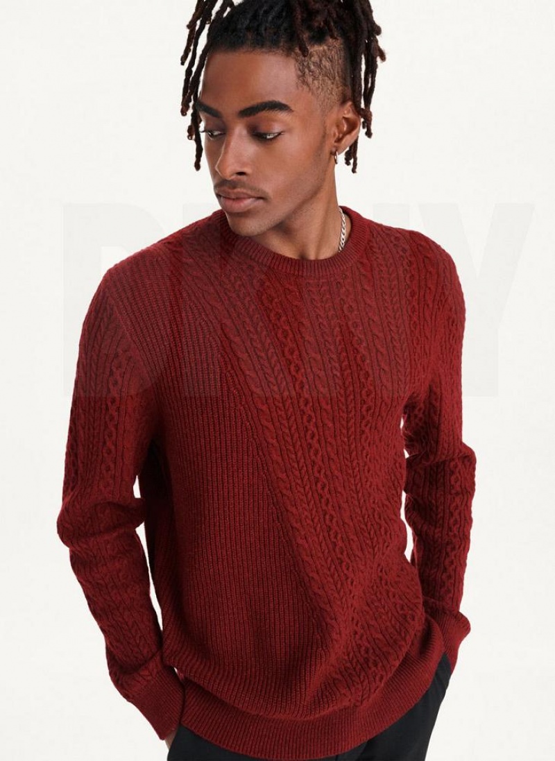 Dark Red Men's DKNY Diagonal Cable Crew Sweaters | Australia-D0905