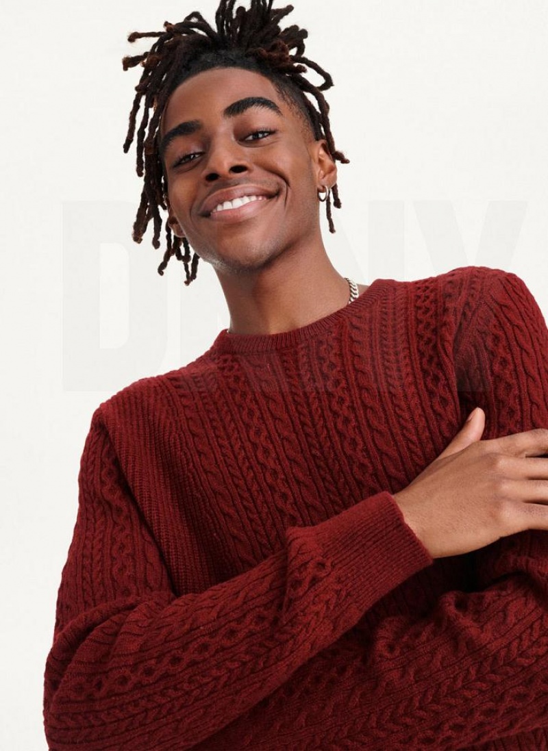 Dark Red Men's DKNY Diagonal Cable Crew Sweaters | Australia-D0905