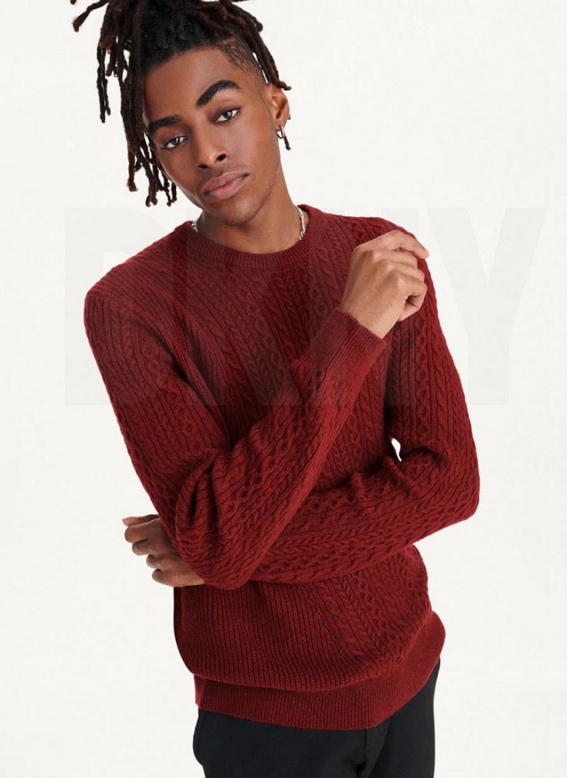 Dark Red Men\'s DKNY Diagonal Cable Crew Sweaters | Australia-D0905