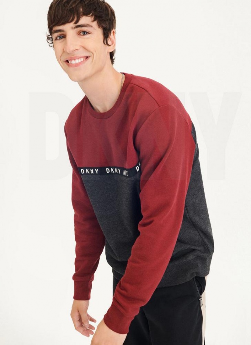 Dark Red Men's DKNY Logo Fleece Crew Sweatshirts | Australia-D0735