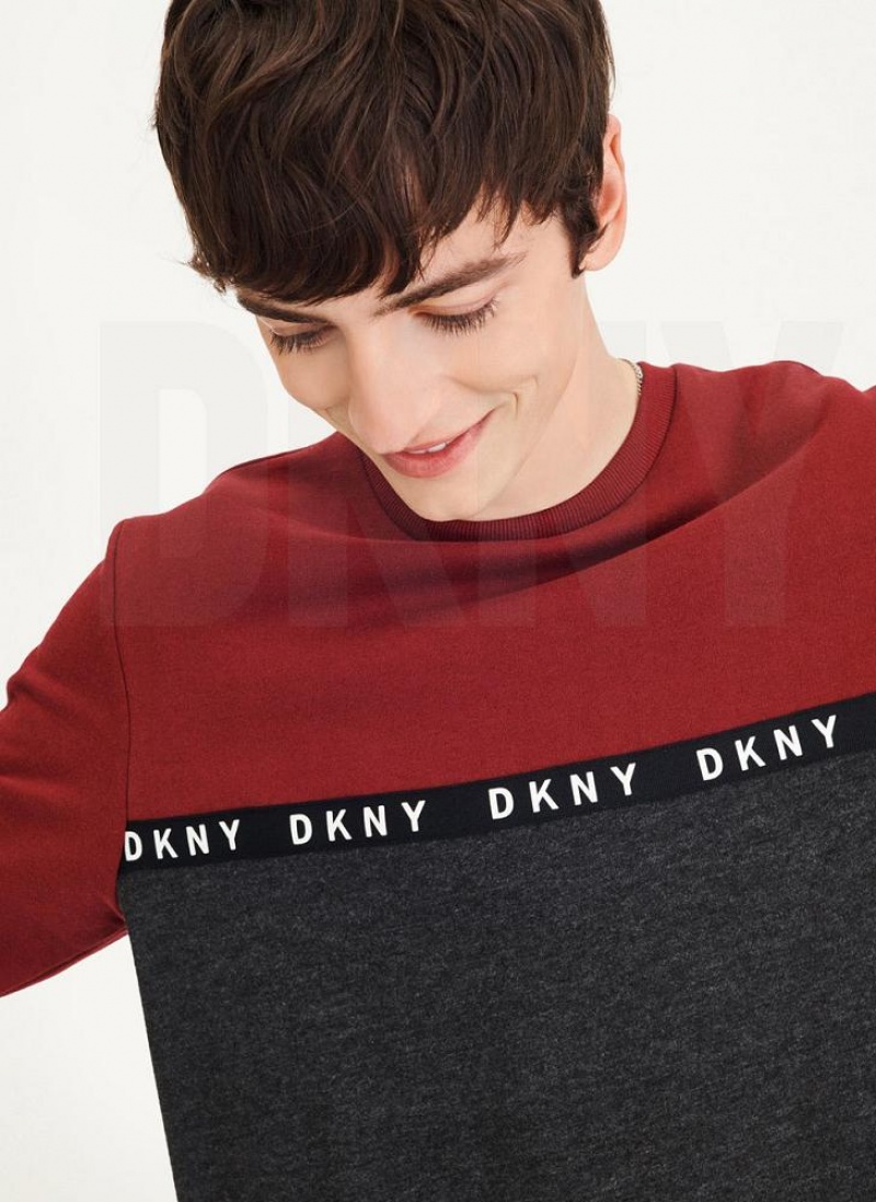 Dark Red Men's DKNY Logo Fleece Crew Sweatshirts | Australia-D0735