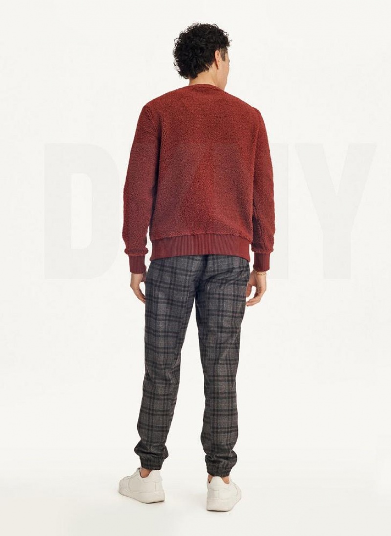 Dark Red Men's DKNY Sherpa Long Sleeve Crew Sweatshirts | Australia-D0279