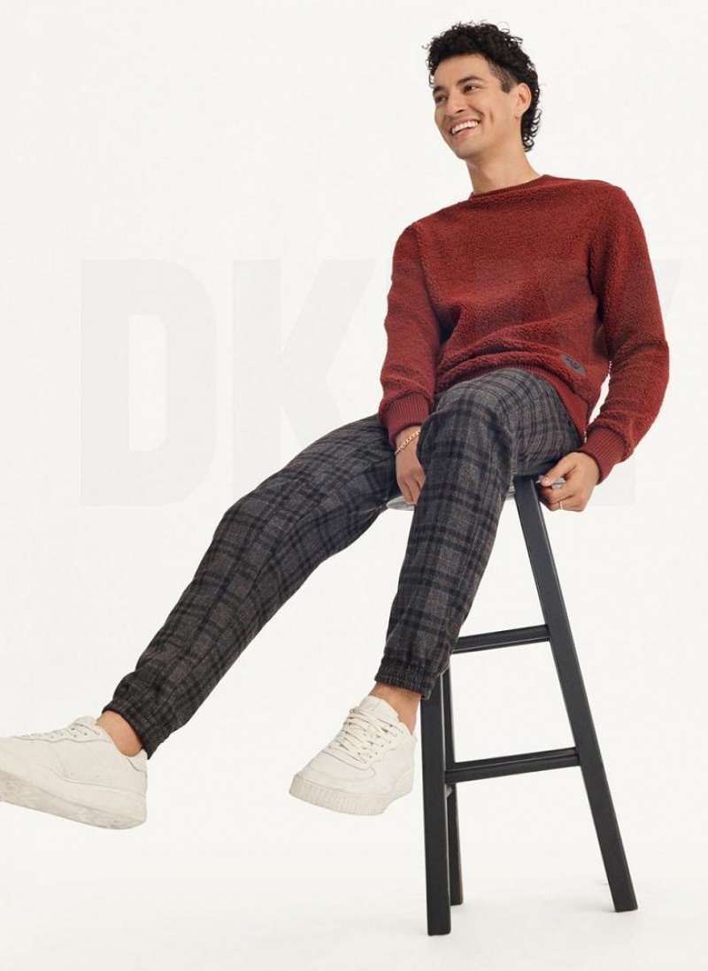 Dark Red Men's DKNY Sherpa Long Sleeve Crew Sweatshirts | Australia-D0279