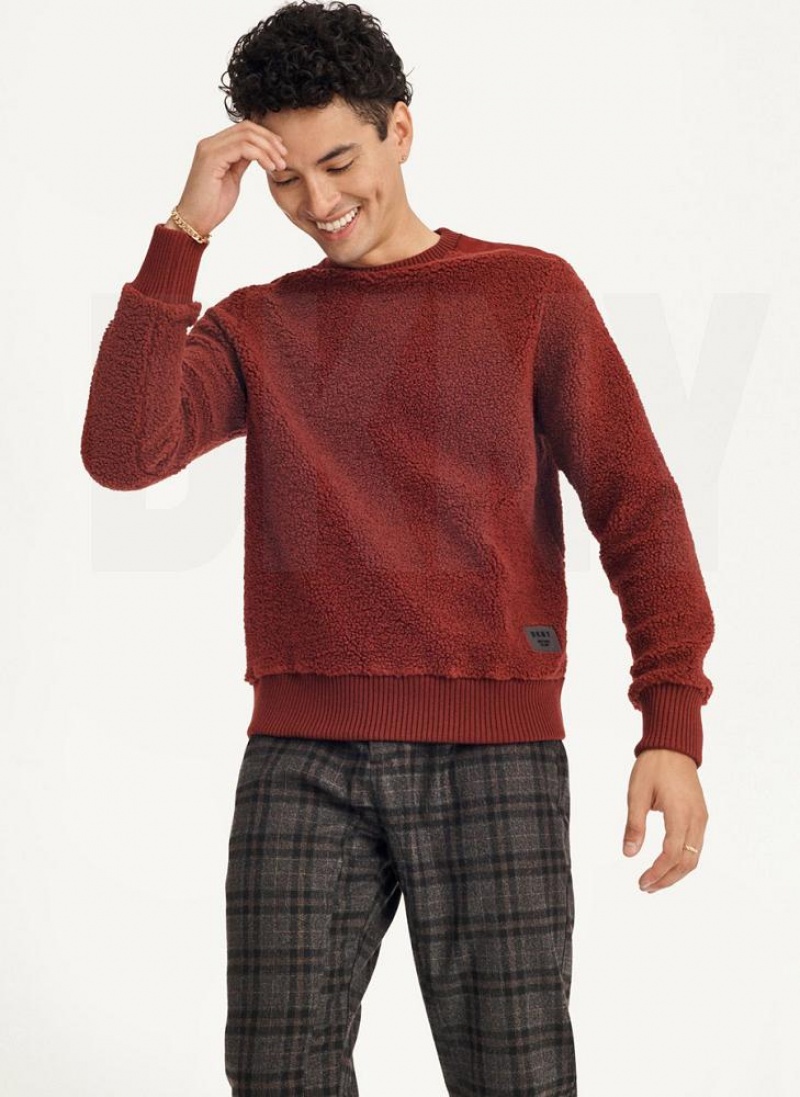 Dark Red Men's DKNY Sherpa Long Sleeve Crew Sweatshirts | Australia-D0279