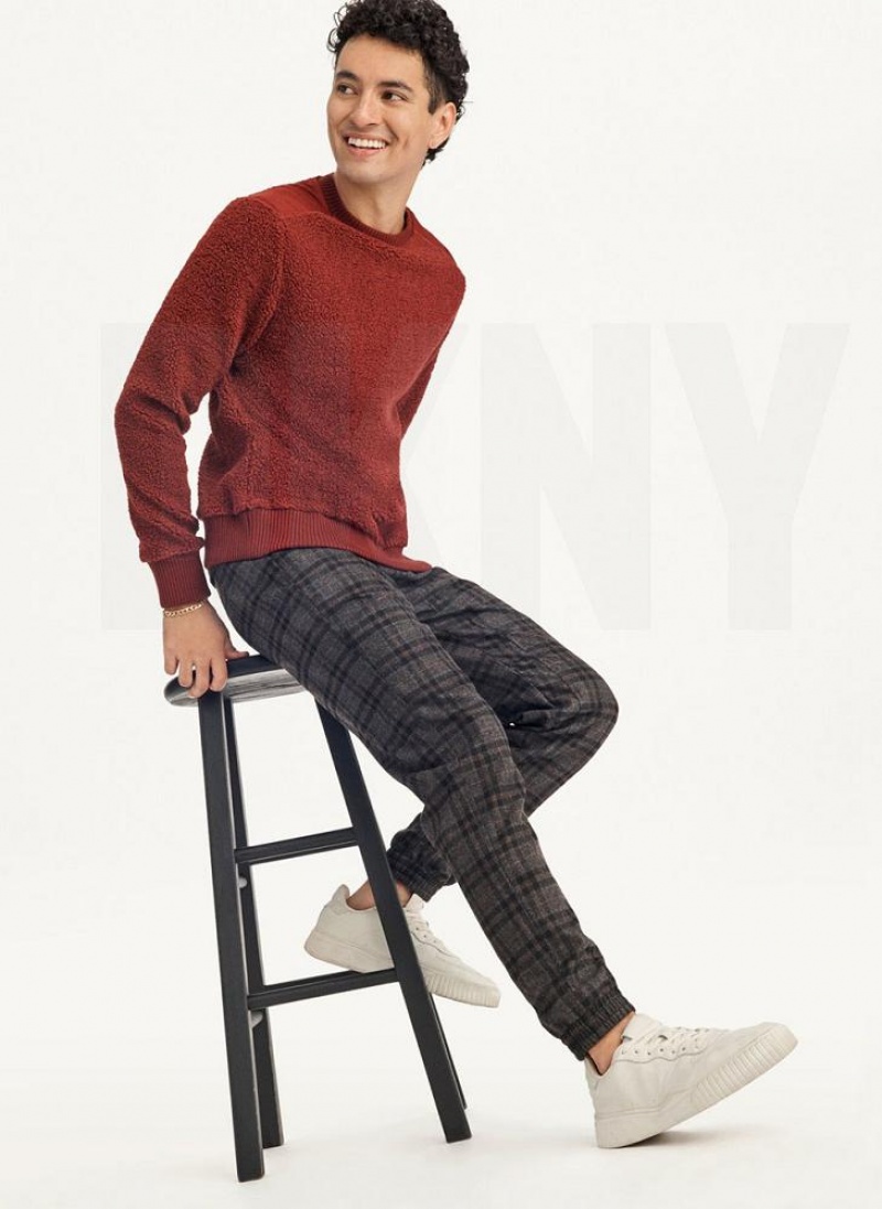 Dark Red Men's DKNY Sherpa Long Sleeve Crew Sweatshirts | Australia-D0279