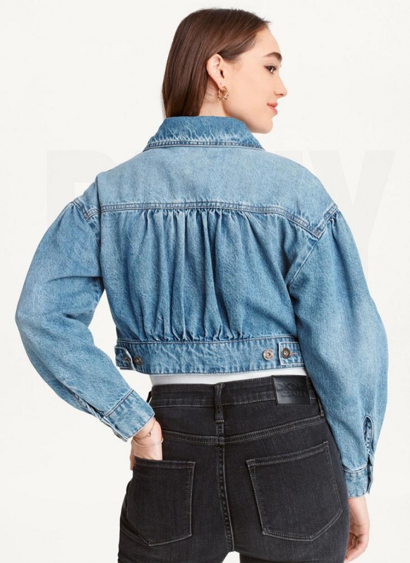 Dark Wash Women's DKNY Puff Sleeve Denim Jackets | Australia-D1853