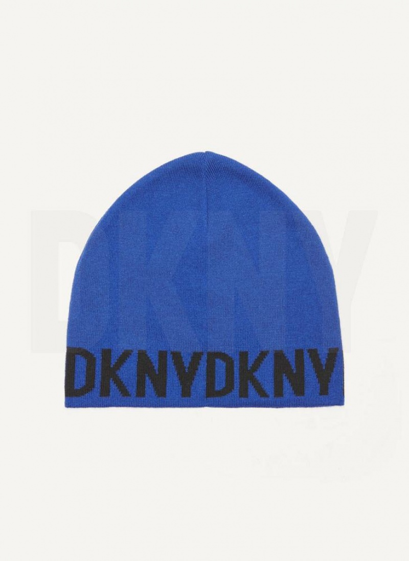 Deep Blue Men's DKNY Brim Logo Beanie | Australia-D0701