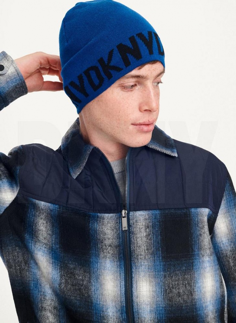 Deep Blue Men's DKNY Brim Logo Beanie | Australia-D0701