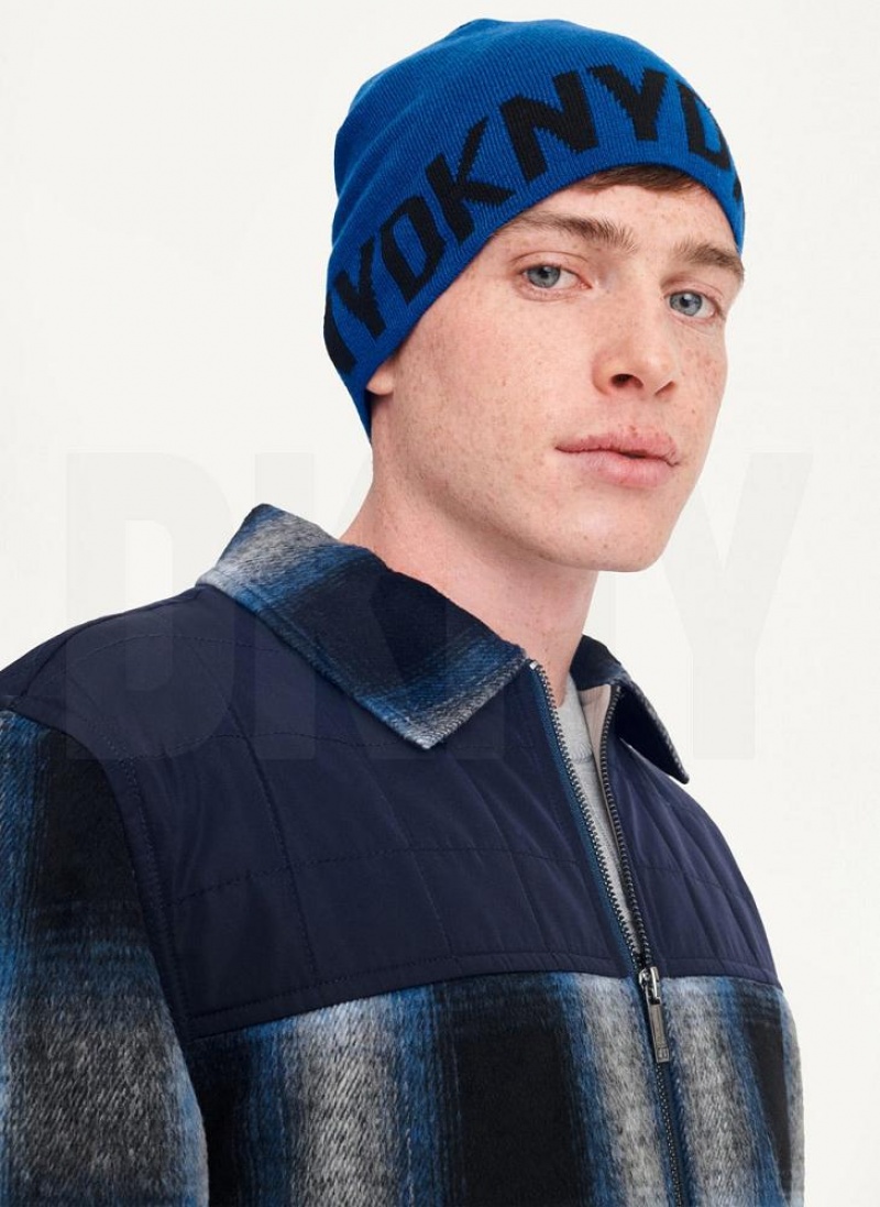 Deep Blue Men\'s DKNY Brim Logo Beanie | Australia-D0701