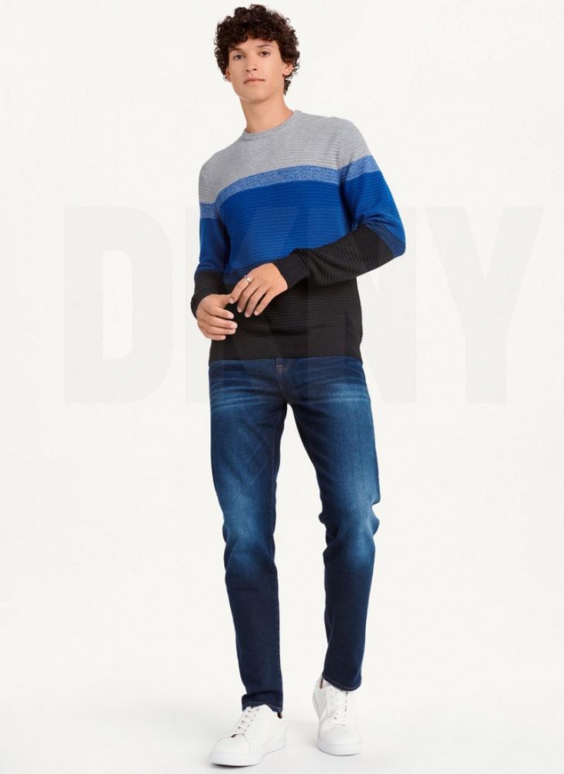 Deep Blue Men's DKNY Marled Stripe Crewneck Sweaters | Australia-D0654