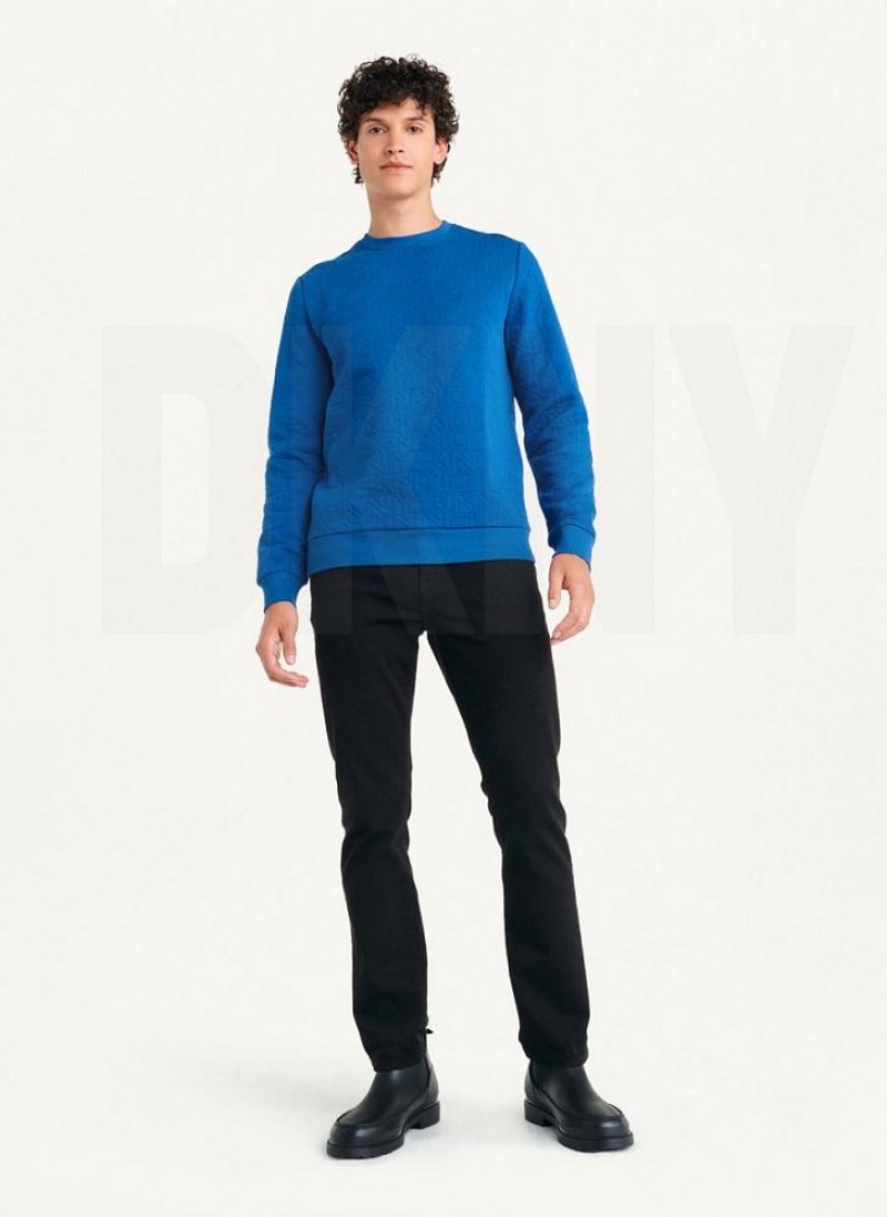 Deep Blue Men's DKNY Quilted Knit Allover Logo Crewneck Sweatshirts | Australia-D0216