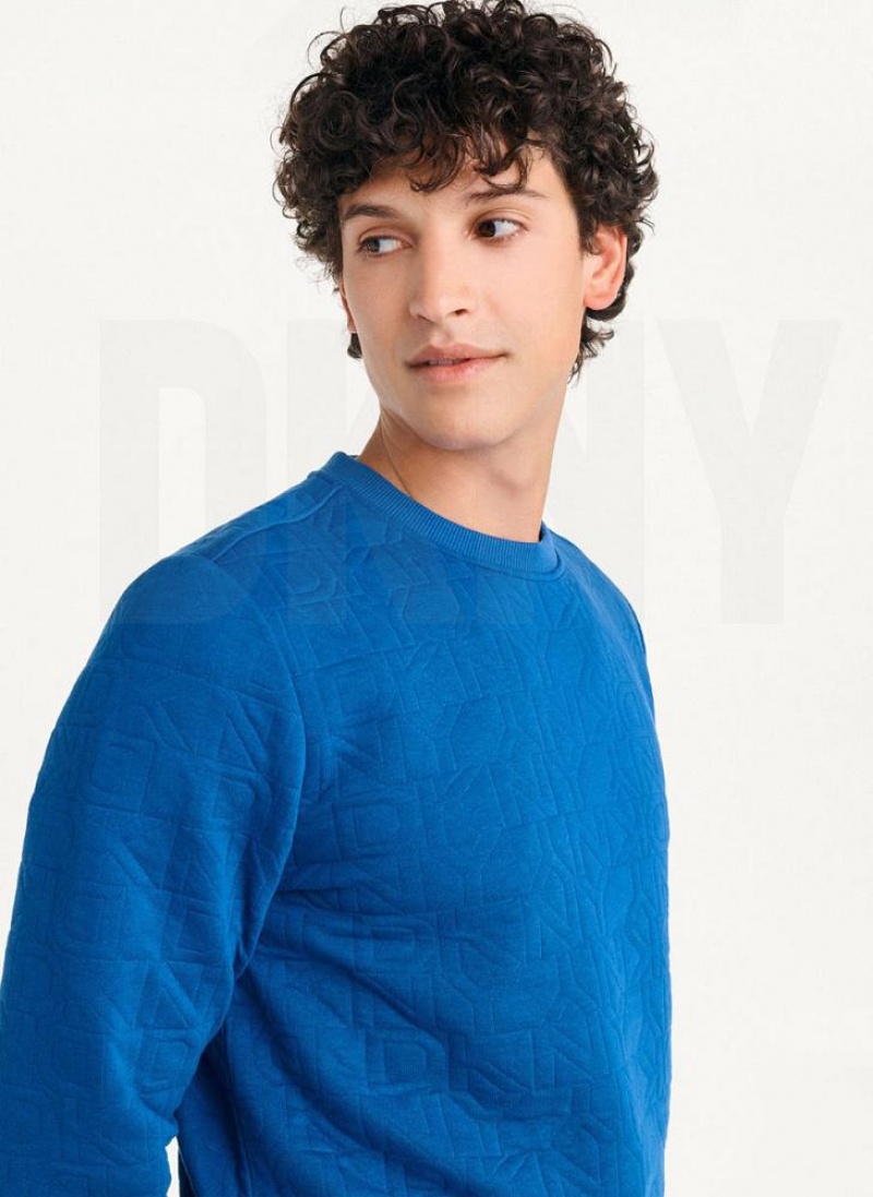 Deep Blue Men's DKNY Quilted Knit Allover Logo Crewneck Sweatshirts | Australia-D0216