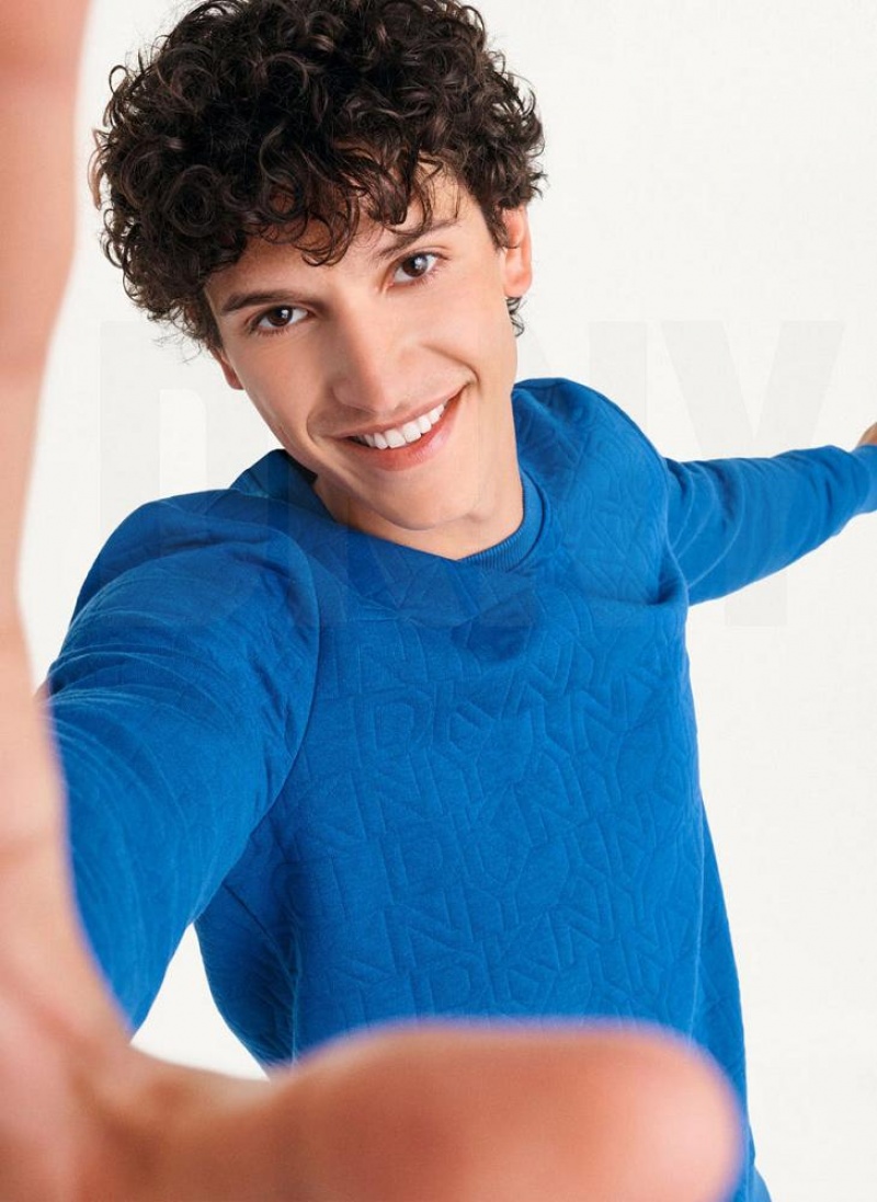 Deep Blue Men's DKNY Quilted Knit Allover Logo Crewneck Sweatshirts | Australia-D0216