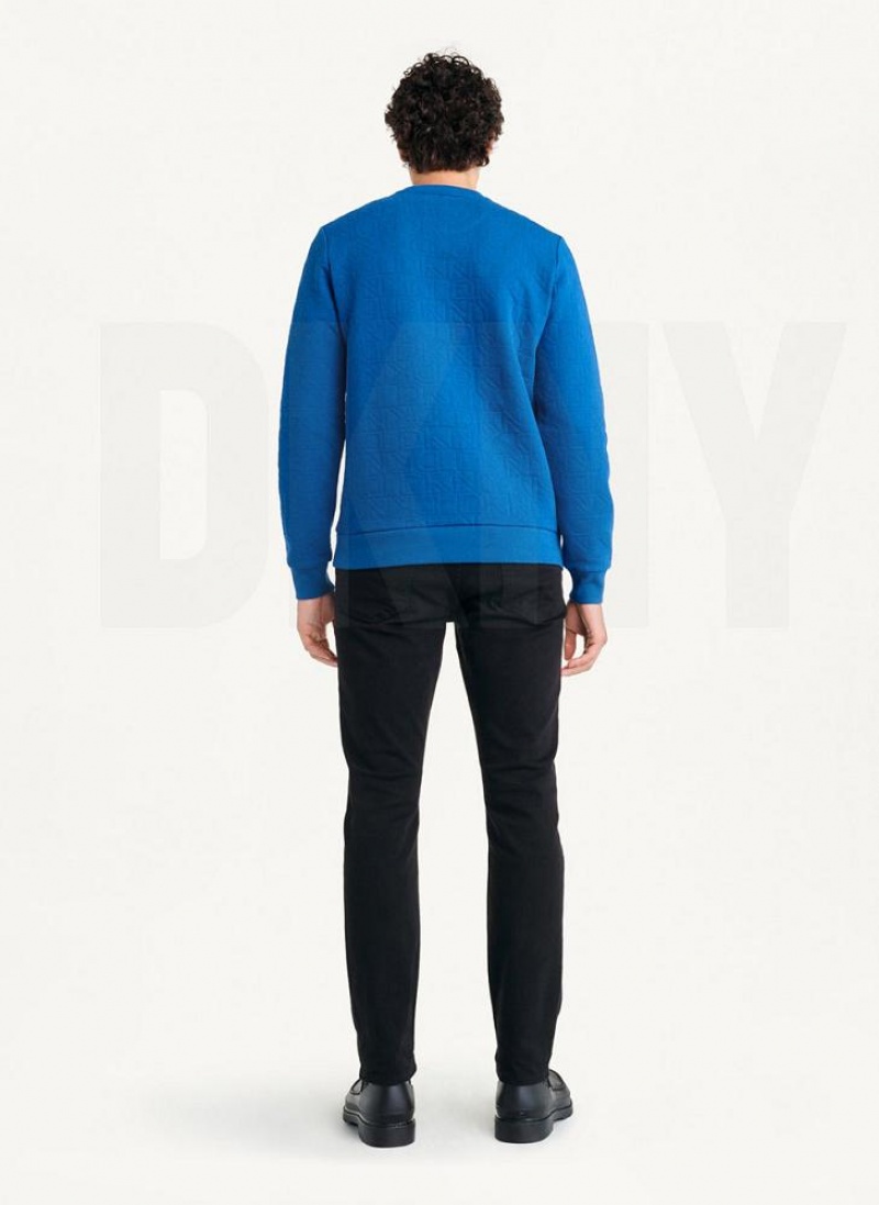 Deep Blue Men's DKNY Quilted Knit Allover Logo Crewneck Sweatshirts | Australia-D0216
