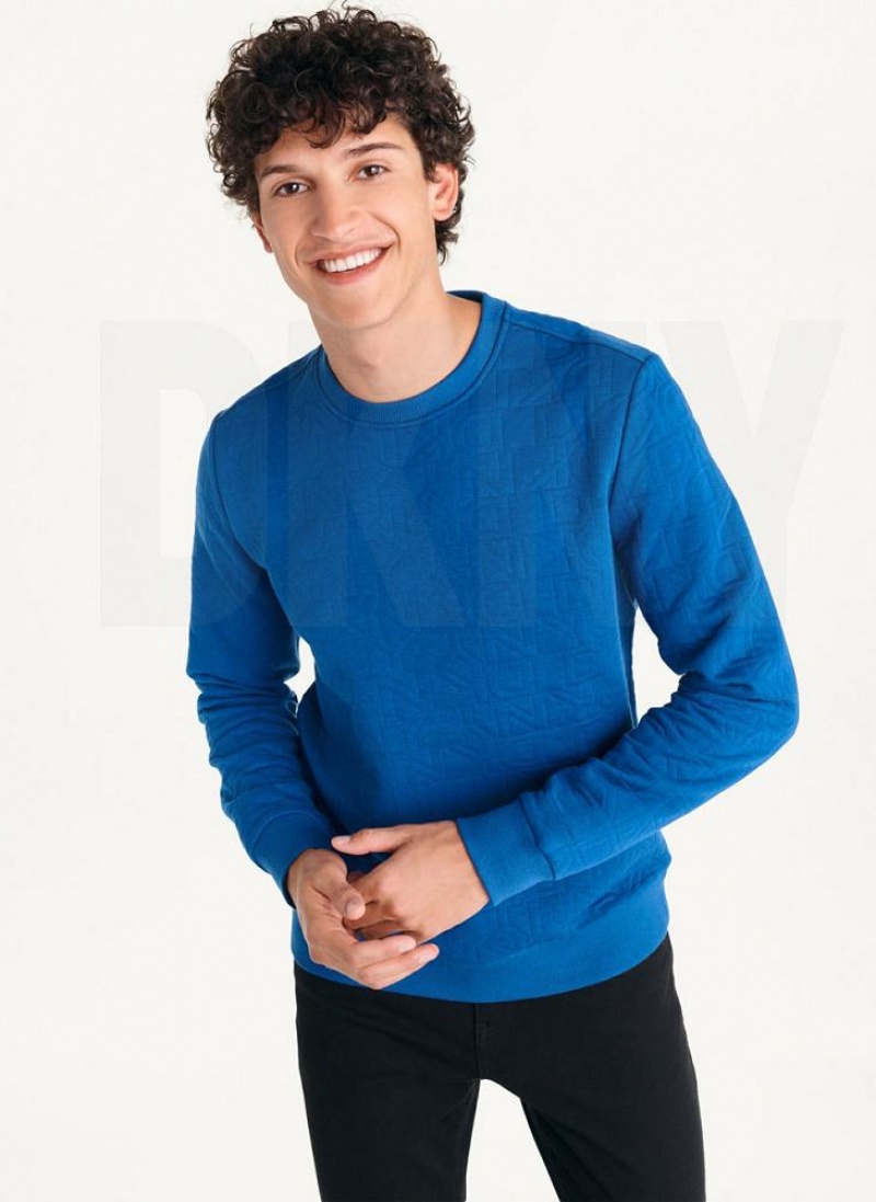 Deep Blue Men\'s DKNY Quilted Knit Allover Logo Crewneck Sweatshirts | Australia-D0216