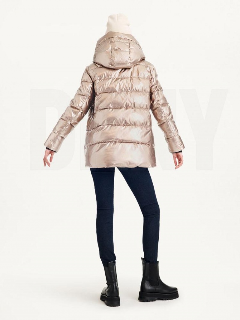 Gold Women's DKNY Glossy Mid Length Puffer Jacket | Australia-D0630