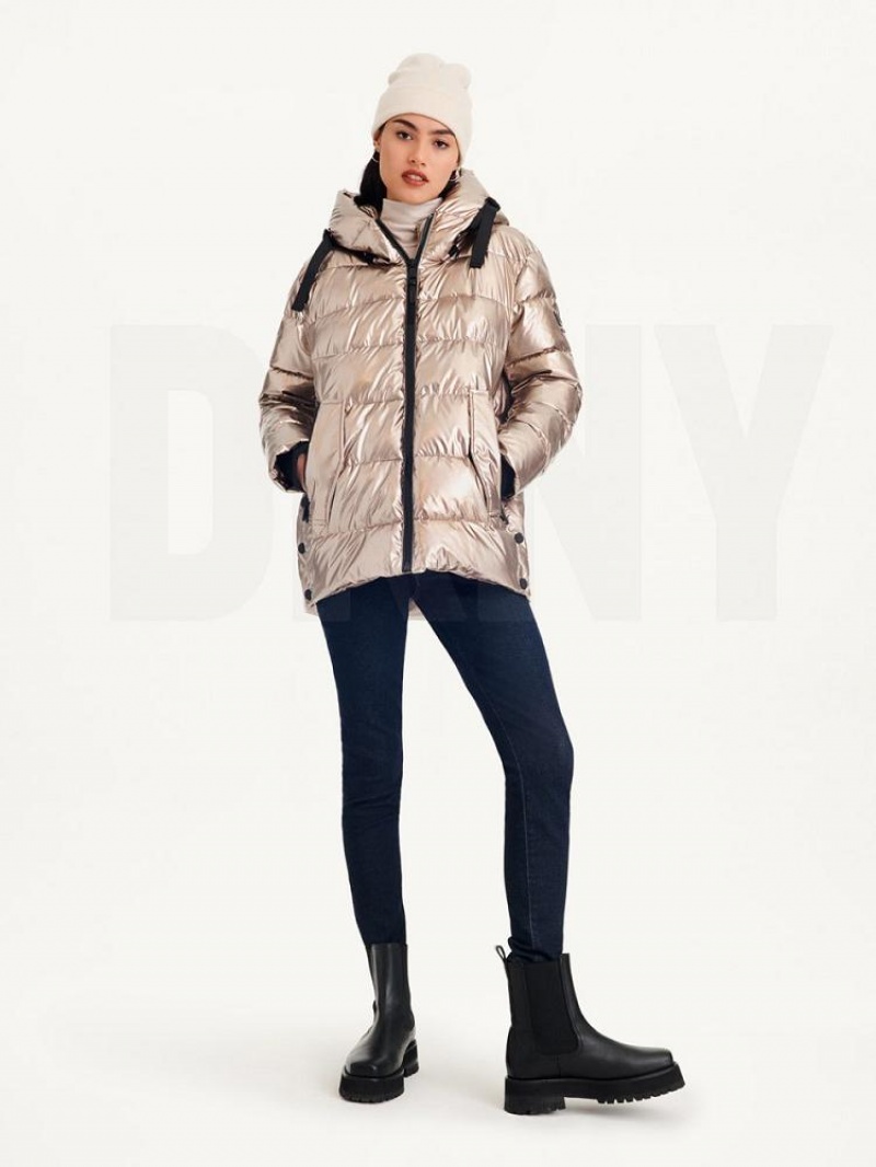 Gold Women's DKNY Glossy Mid Length Puffer Jacket | Australia-D0630