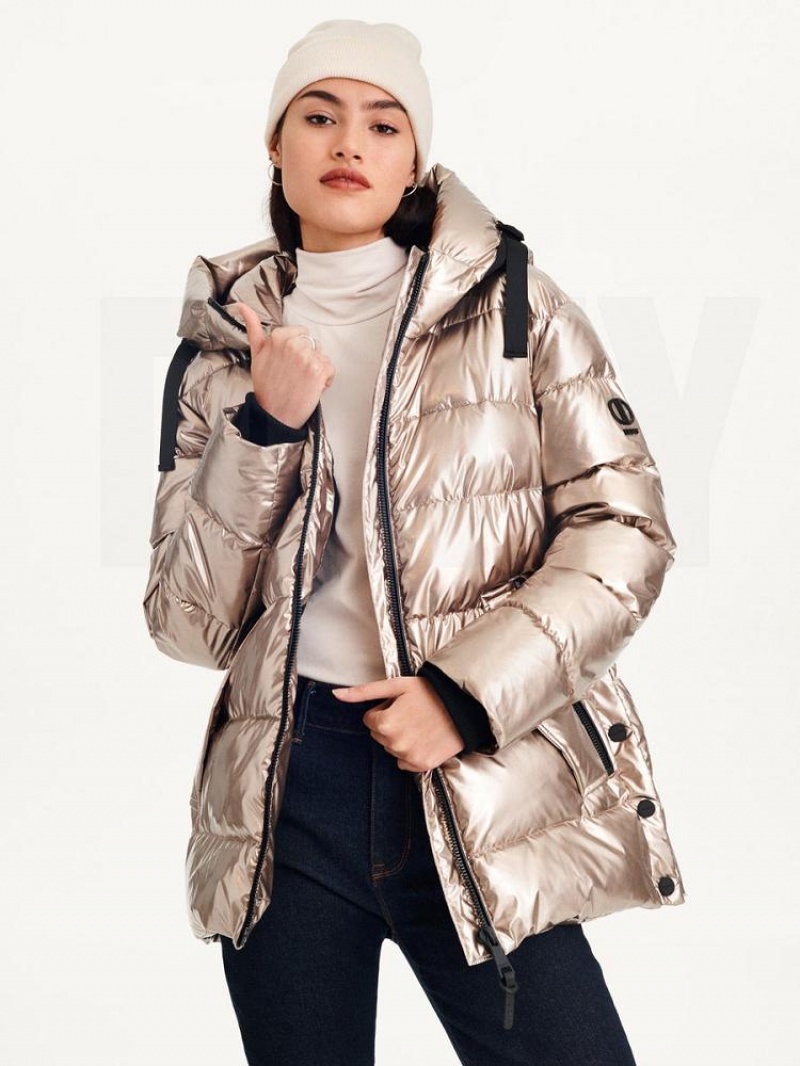 Gold Women's DKNY Glossy Mid Length Puffer Jacket | Australia-D0630