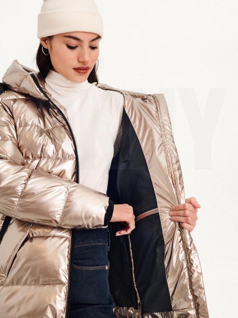 Gold Women's DKNY Glossy Mid Length Puffer Jacket | Australia-D0630
