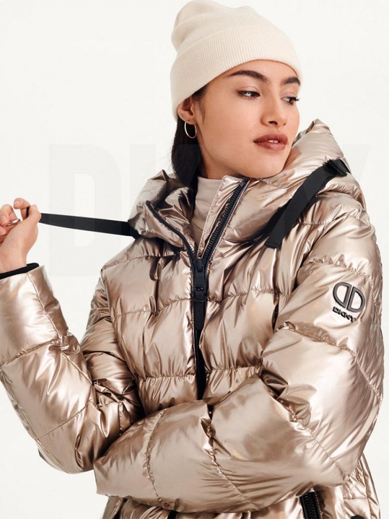 Gold Women's DKNY Glossy Mid Length Puffer Jacket | Australia-D0630