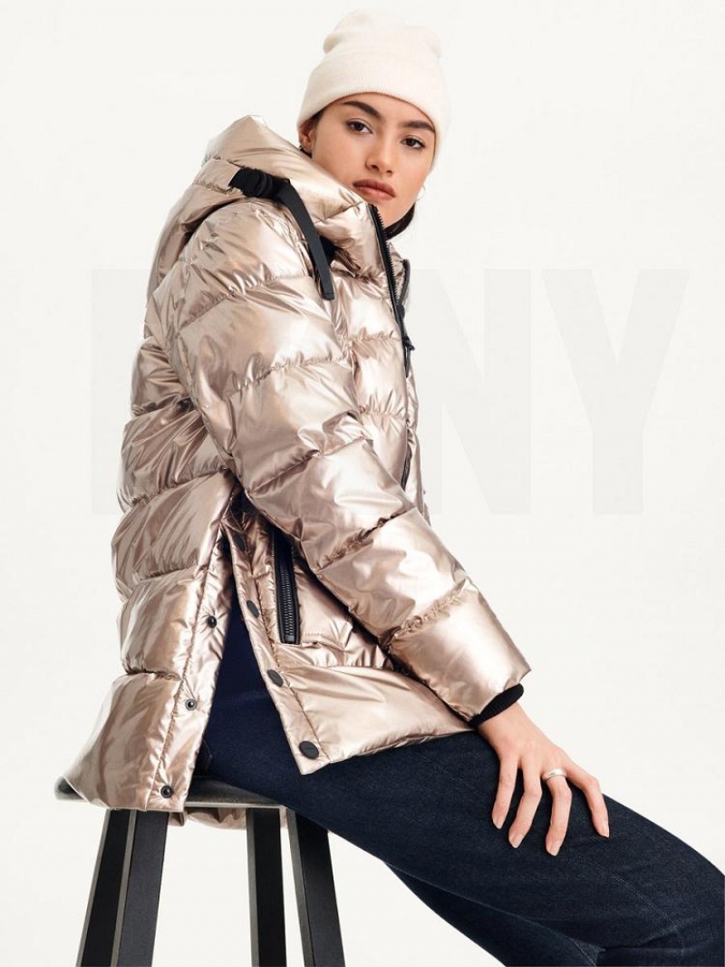 Gold Women's DKNY Glossy Mid Length Puffer Jacket | Australia-D0630
