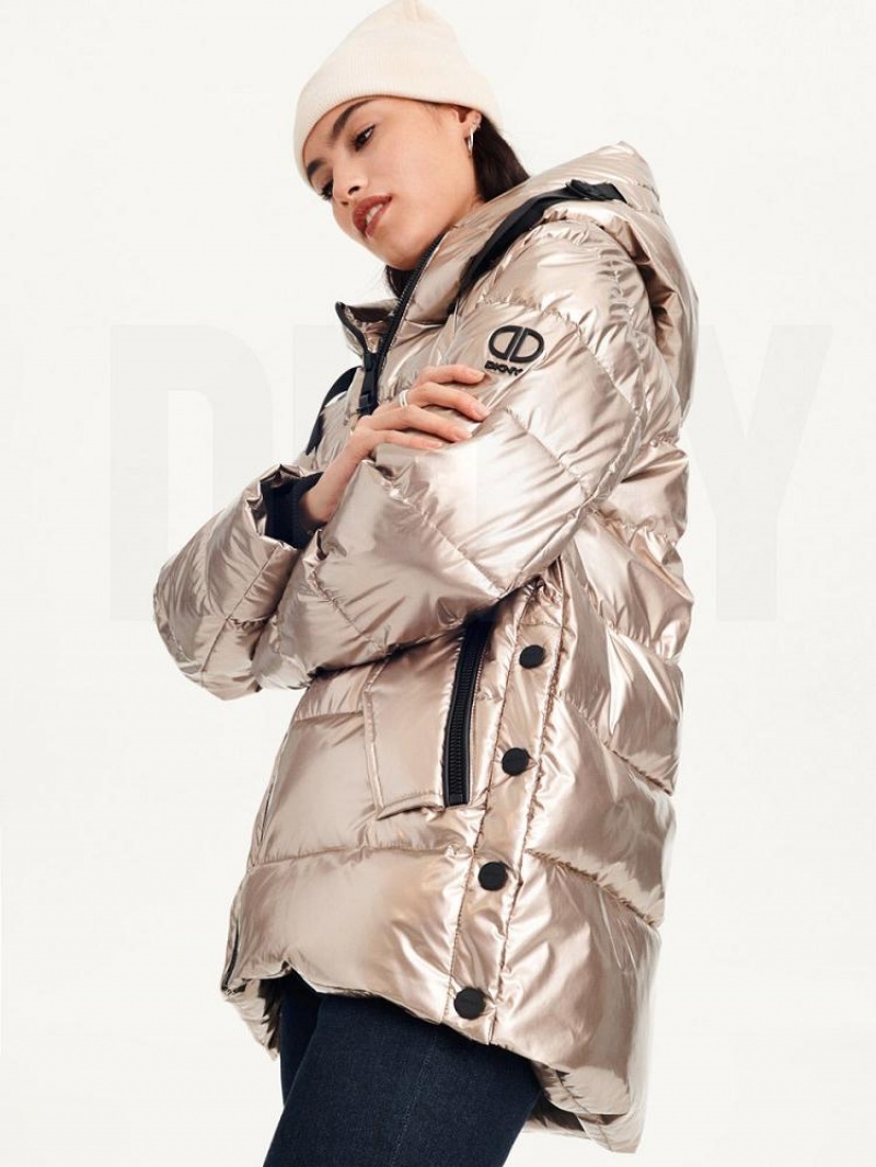 Gold Women\'s DKNY Glossy Mid Length Puffer Jacket | Australia-D0630