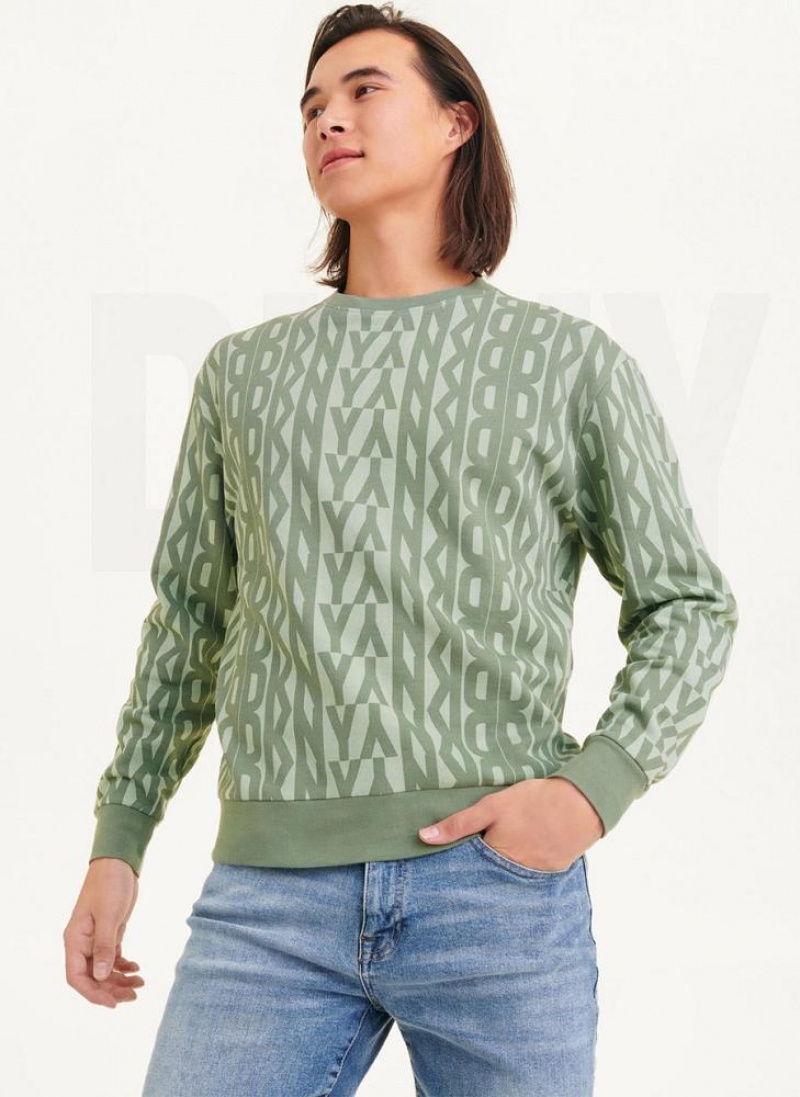 Green Men\'s DKNY Exploded Allover Logo Crew Sweatshirts | Australia-D0271
