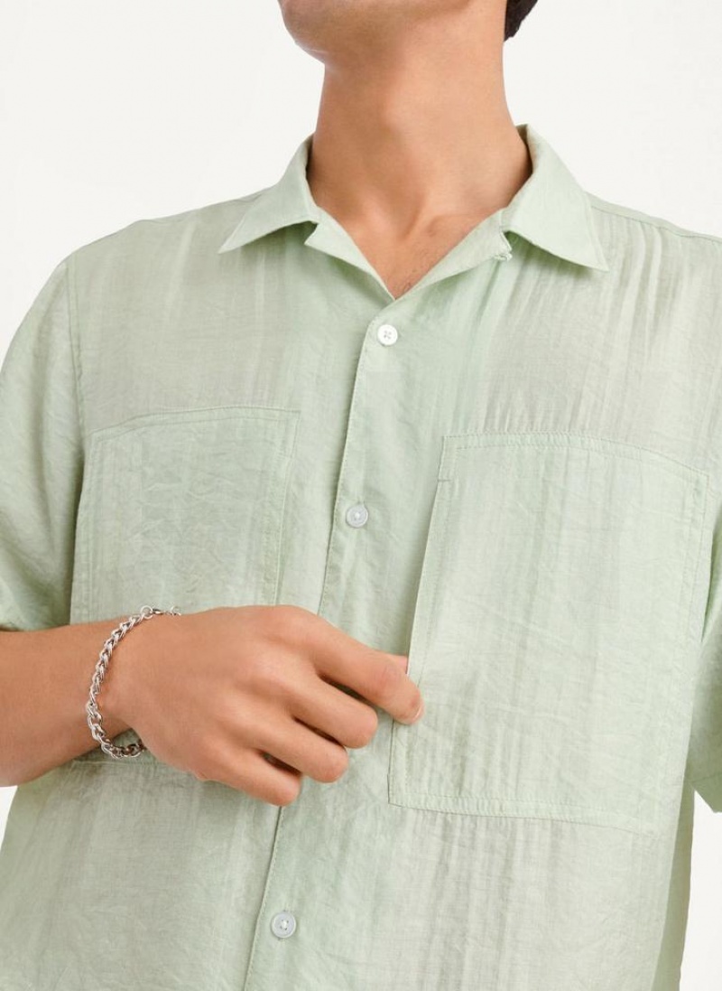 Green Men's DKNY Imitation Silk Camp Shirts | Australia-D1774