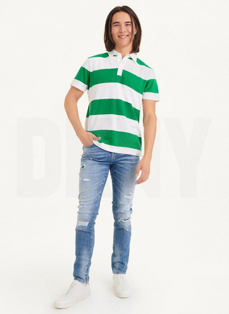 Green Men's DKNY Rugby Stripe Polo Shirts | Australia-D0783