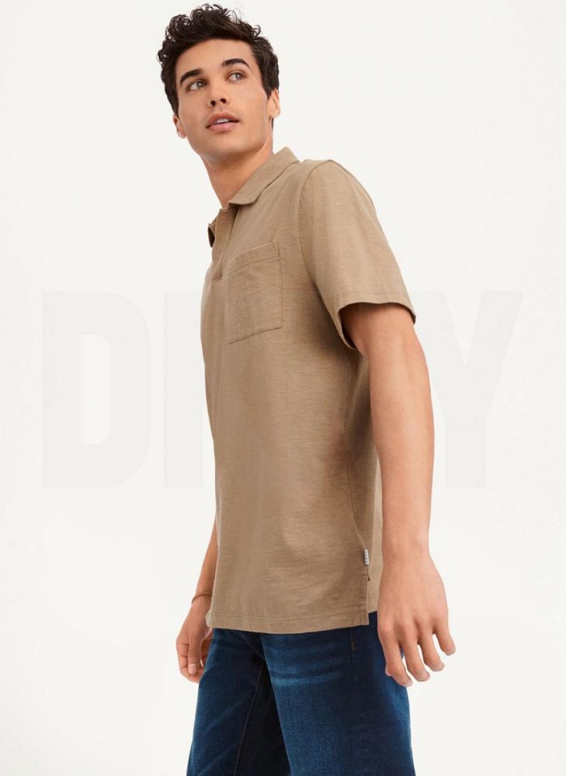 Grey Brown Men's DKNY Cotton Slub Jersey Single Breast Polo Shirts | Australia-D1628