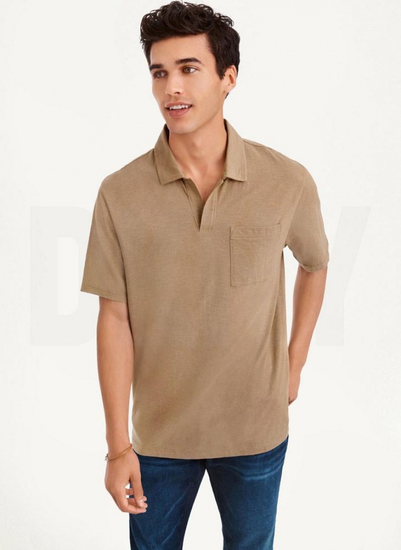 Grey Brown Men\'s DKNY Cotton Slub Jersey Single Breast Polo Shirts | Australia-D1628