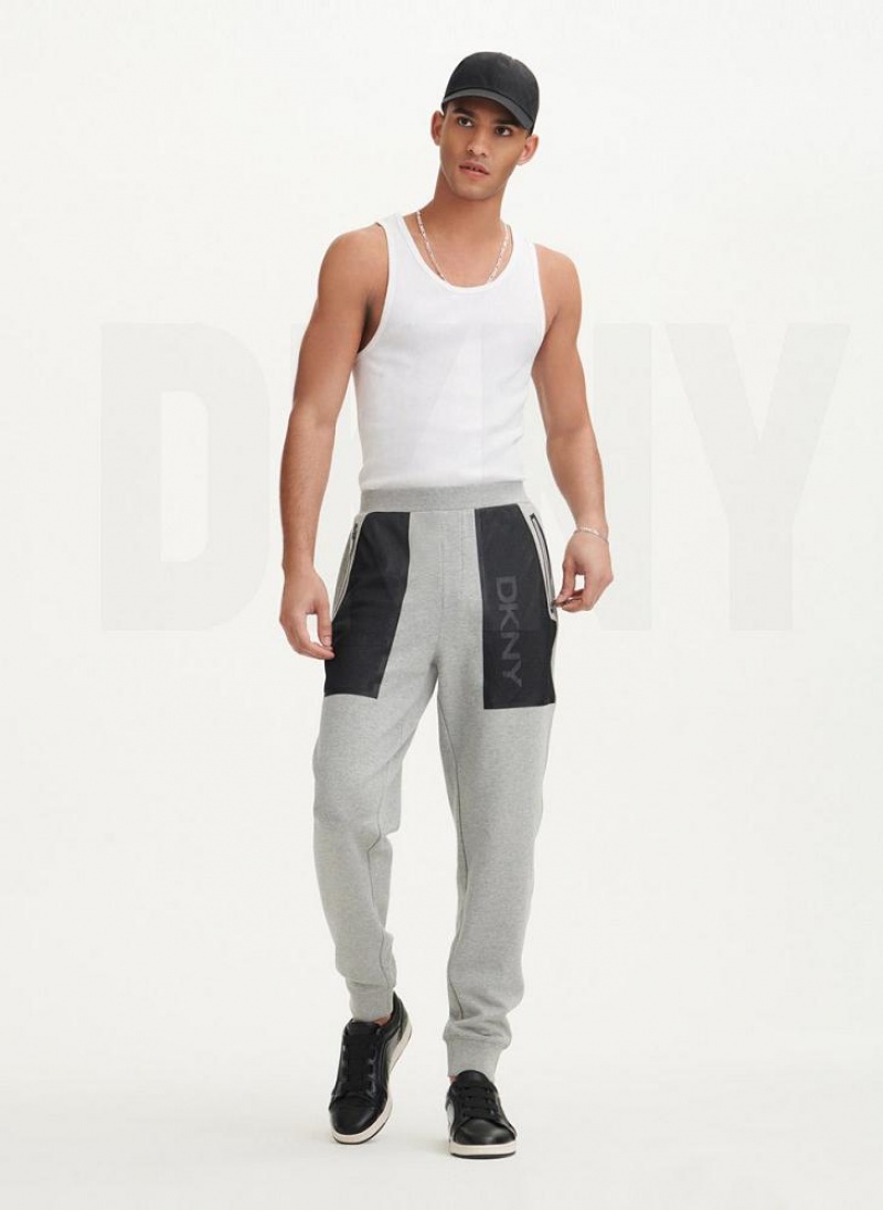 Grey Men's DKNY Mesh Pocket Logo Pants | Australia-D1883