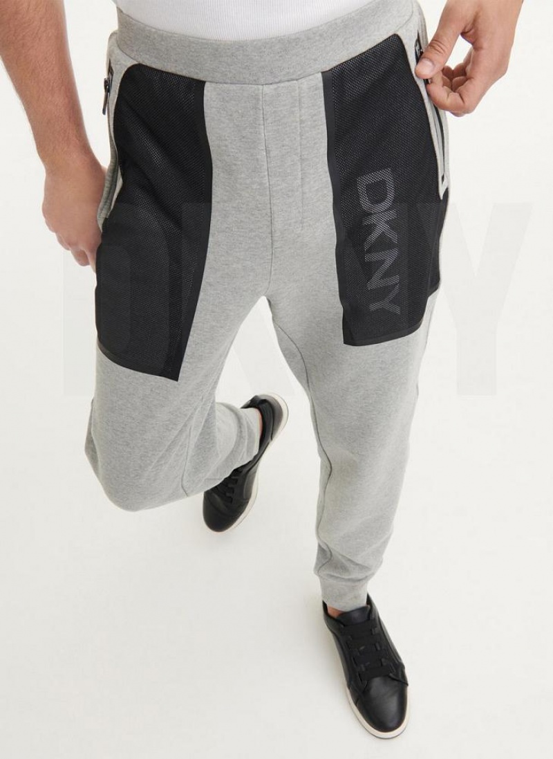 Grey Men's DKNY Mesh Pocket Logo Pants | Australia-D1883