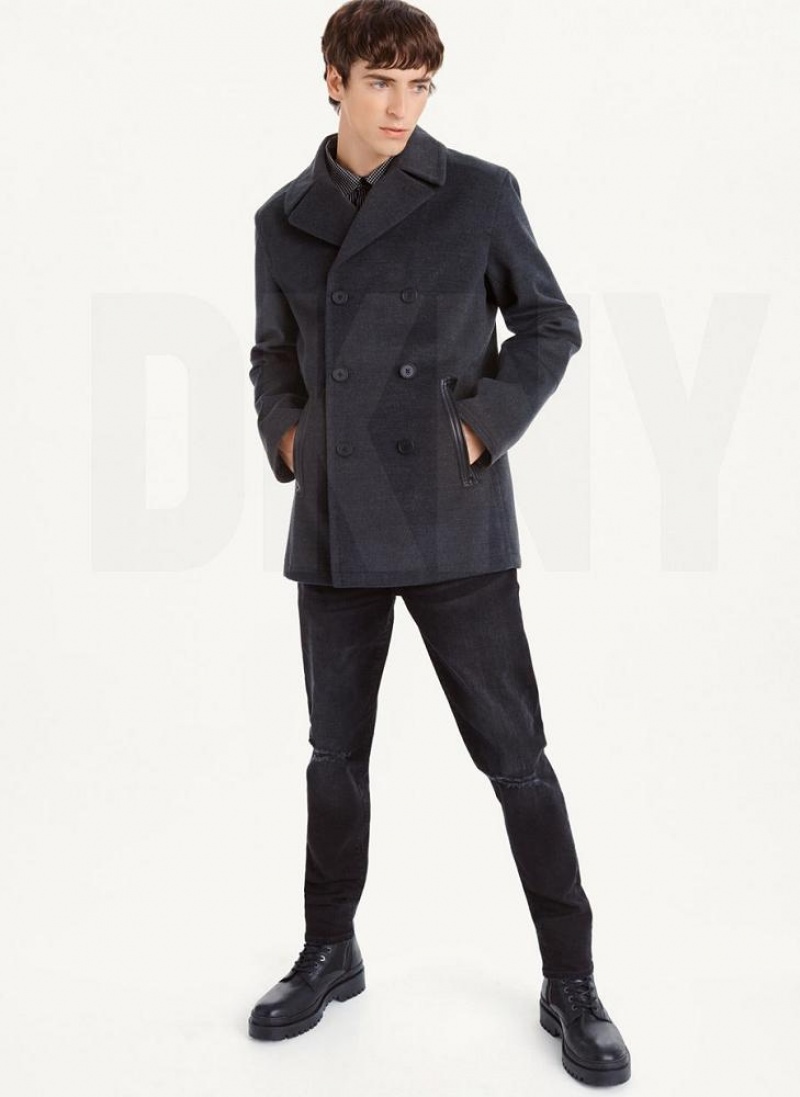 Grey Men's DKNY Peacoat With Faux Leather Trim Coats | Australia-D1871