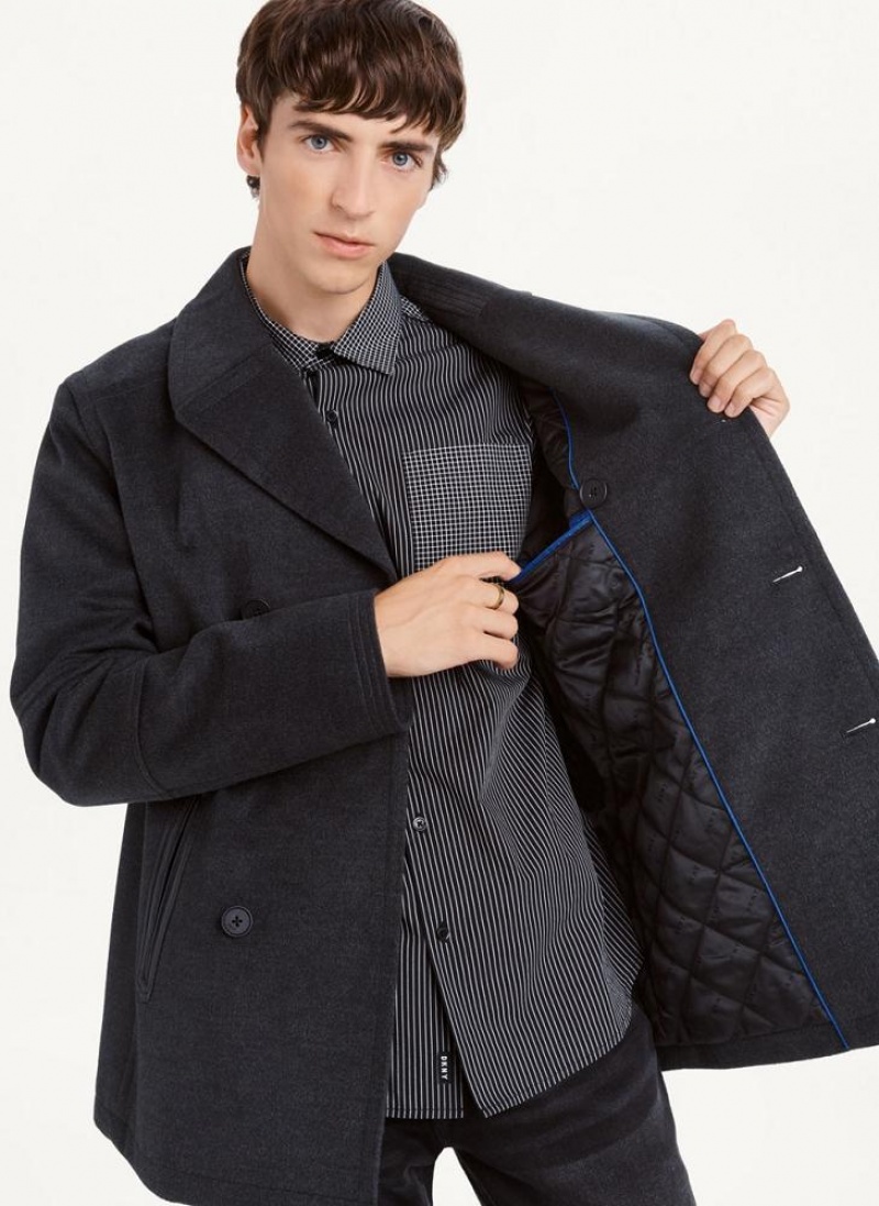 Grey Men's DKNY Peacoat With Faux Leather Trim Coats | Australia-D1871