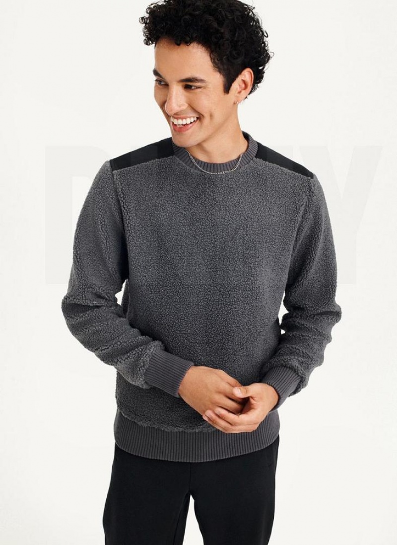 Grey Men's DKNY Sherpa Long Sleeve Crew Sweatshirts | Australia-D1150
