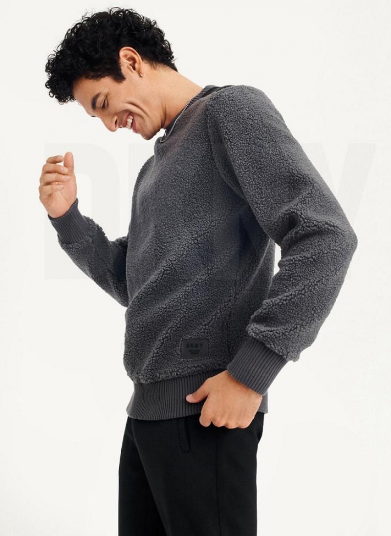 Grey Men's DKNY Sherpa Long Sleeve Crew Sweatshirts | Australia-D1150